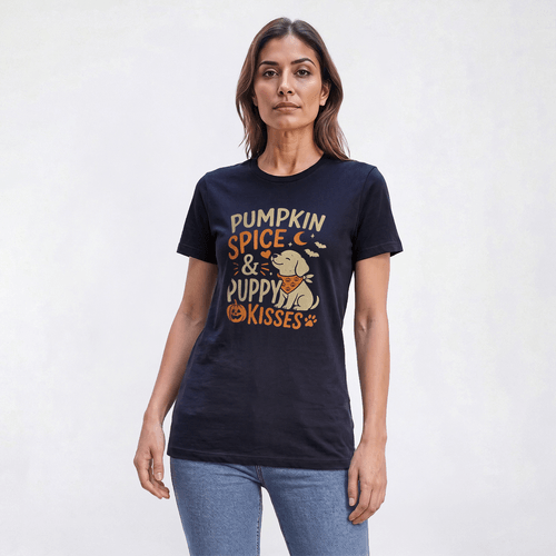 Womens JERZEES Short Sleeve Pumpkin Spice Puppy Graphic Tee - image 