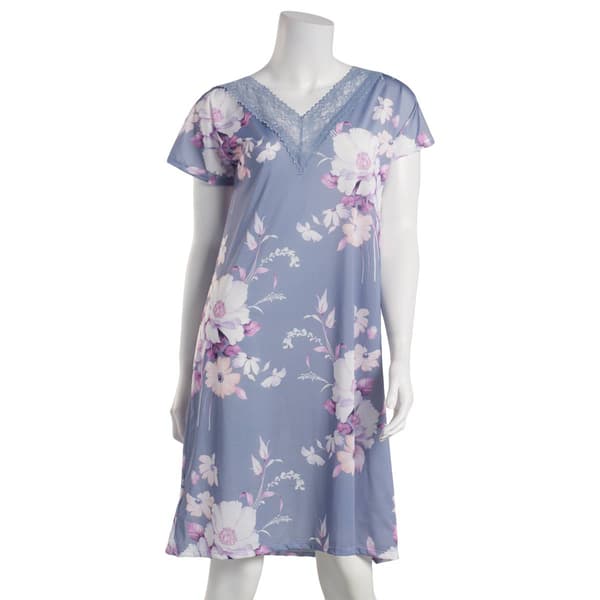 Womens Body Touch Short Sleeve Silky Lace Trim V-Neck Nightgown