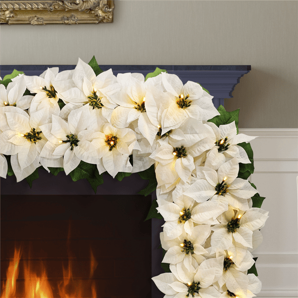 Puleo International 6ft. Pre-Lit White Poinsettia Garland