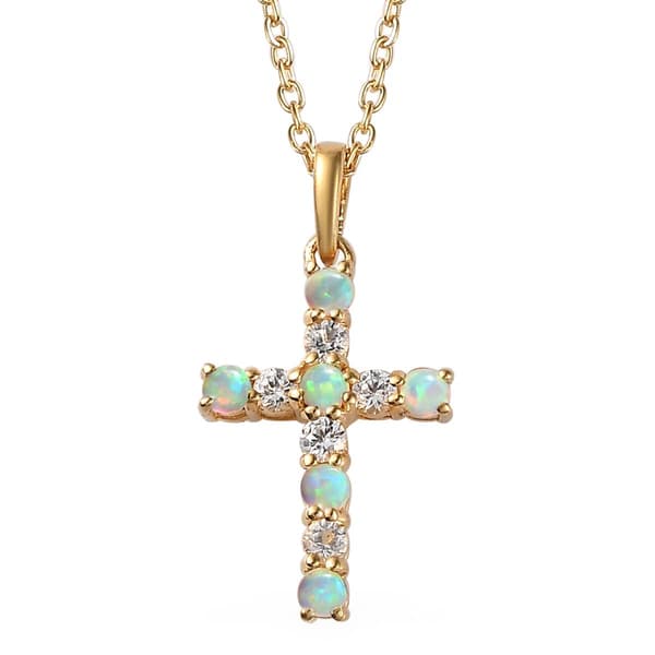 Gemstone Classics(tm) 11 Stone Created Opal & Sapphire Cross Pendant - image 