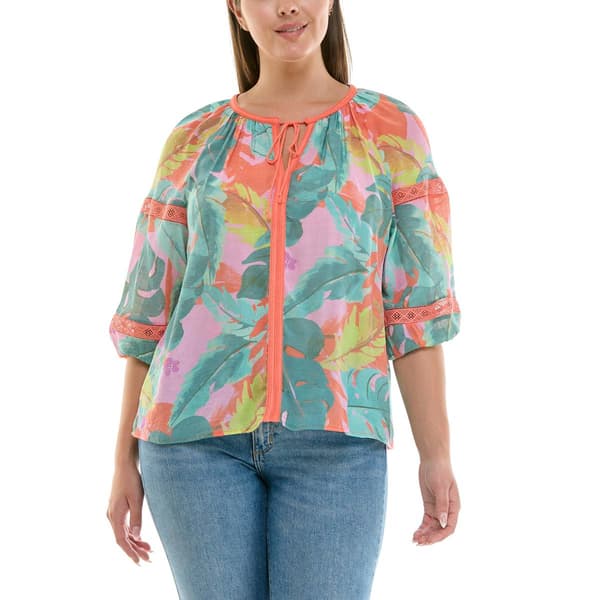 Womens Zac & Rachel 3/4 Sleeve Keyhole Neck Tropical Blouse