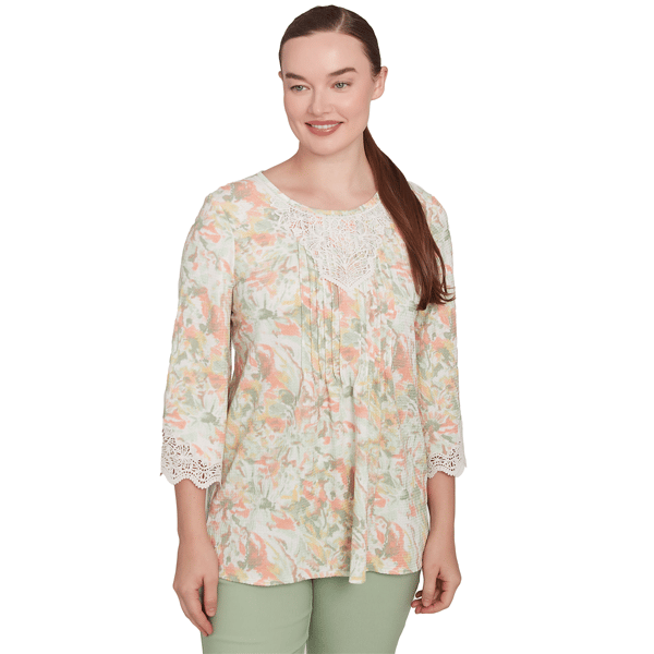 Women''s Scoop Neck Watercolor Print Knit Top With Lace Trim