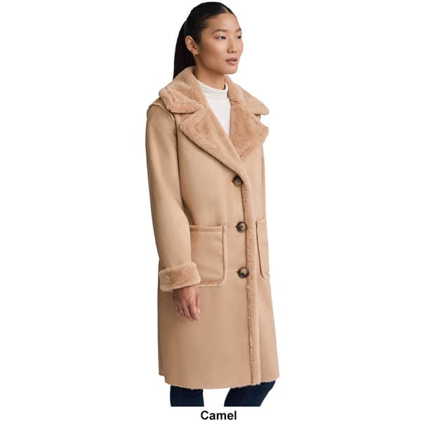 Womens NVLT Sueded Mid Length Shearling Coat w/Faux Fur Lining