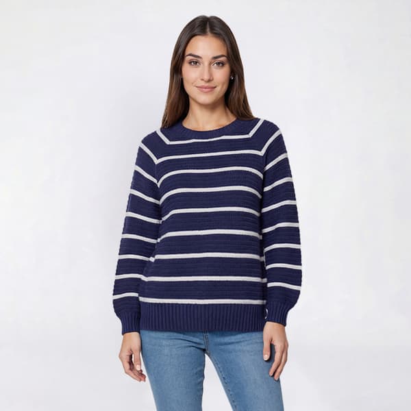 Womens LANDS’ END® Long Blouson Sleeve Crew Neck Stripe Sweater