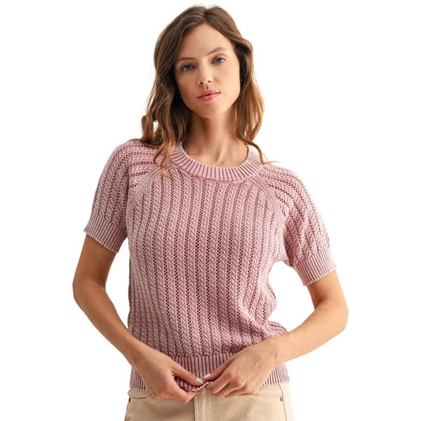 Womens CITY BLUES Short Sleeve Acid Wash Crochet Top - image 