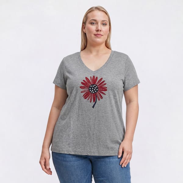Plus Size Mountain Ridge Americana Sunflower V Neck Graphic Tee - image 