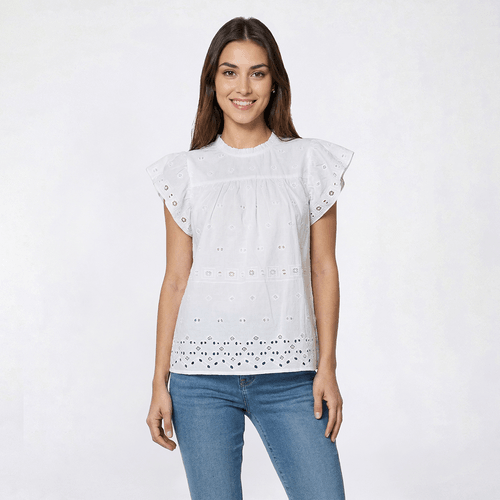 Petite Architect(R) Flutter Sleeve Embroidery Eyelet Blouse - image 