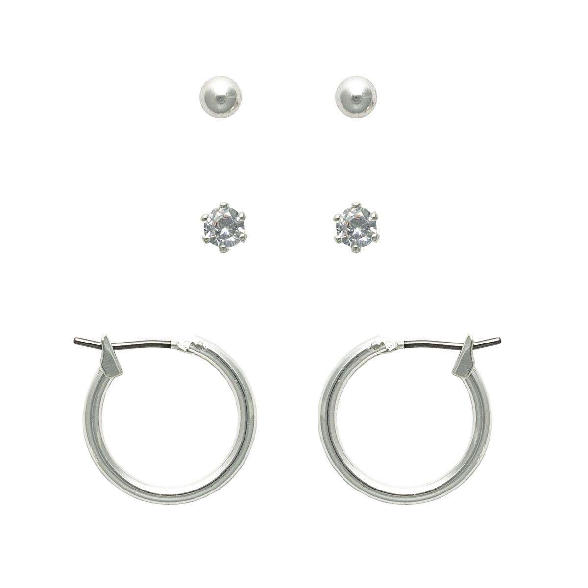 Freedom 3pr. Pearl CZ Crystal & Lift Lock Hoop Earrings Set