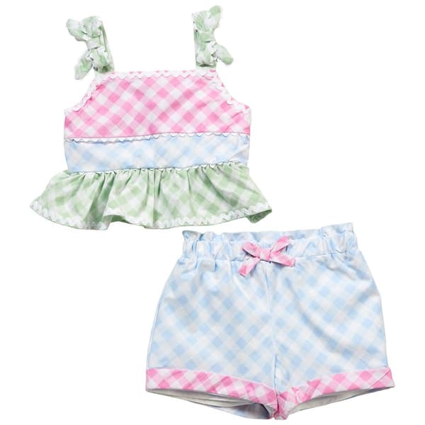 Toddler Girl Rare Editions Gingham W/Ric Rac Short Set - image 