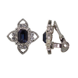1928 Silver Tone Blue Rectangle Crystal Floral Clip On Earrings