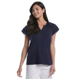 Womens Rafaella(R) Eyelet Flutter Sleeve Split Neck Solid Top