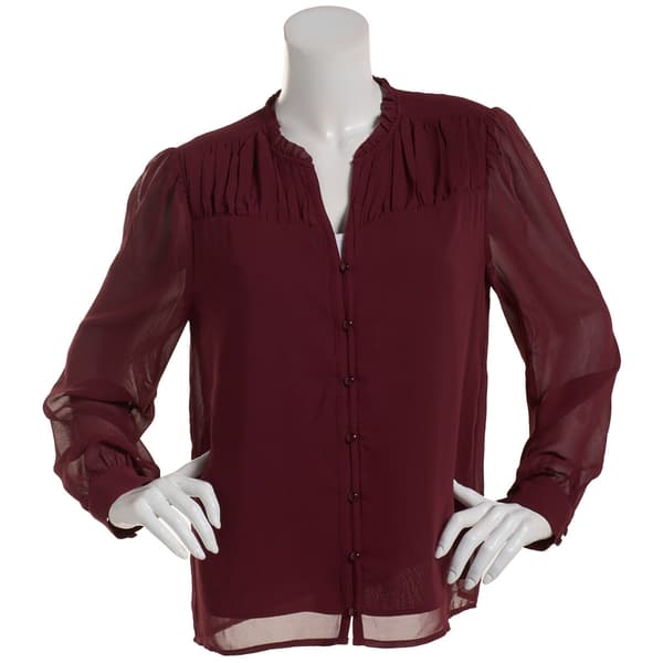 Womens Nicole Miller Long Sleeve Split Neck Chiffon Blouse