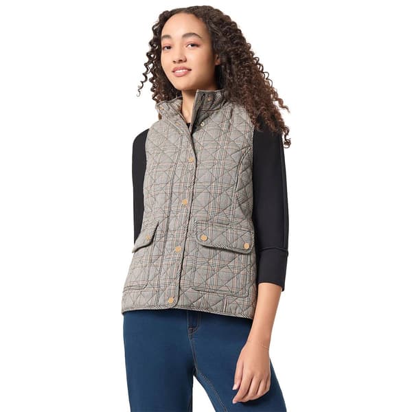 Womens Jones New York Plaid Quilted Patch Pocket Vest w/ Snaps