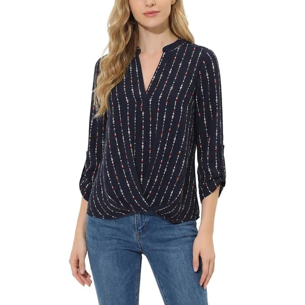 Womens NY Collection 3/4 Sleeve Pleated Front Stripe Arrow Blouse