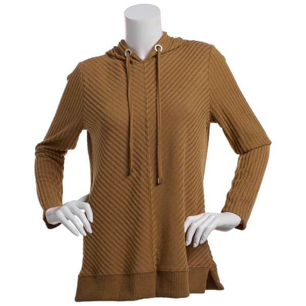 Womens NY Collection Long Sleeve Rib Hooded Solid Sweater