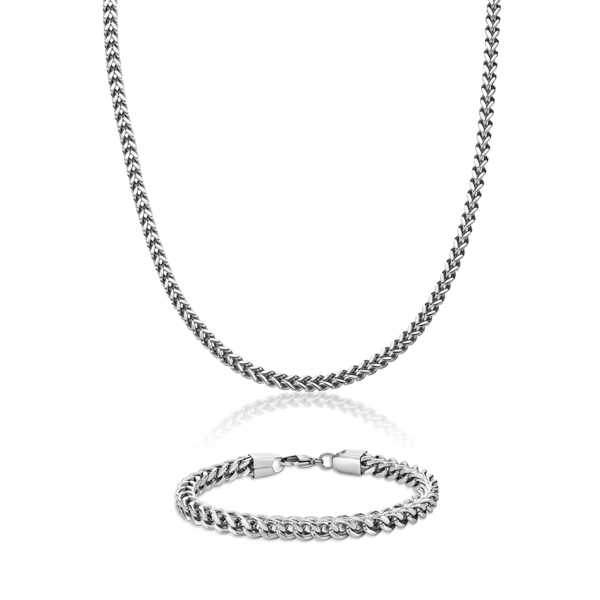 Mens Lynx Stainless Steel Foxtail Chain Necklace & Bracelet Set