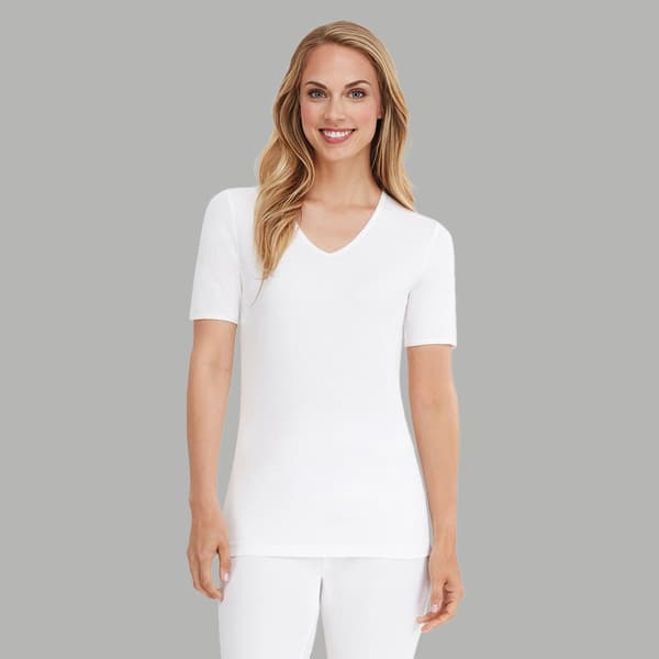 Womens Cuddl Duds Softwear w/Lace Short Sleeve V-Neck Top