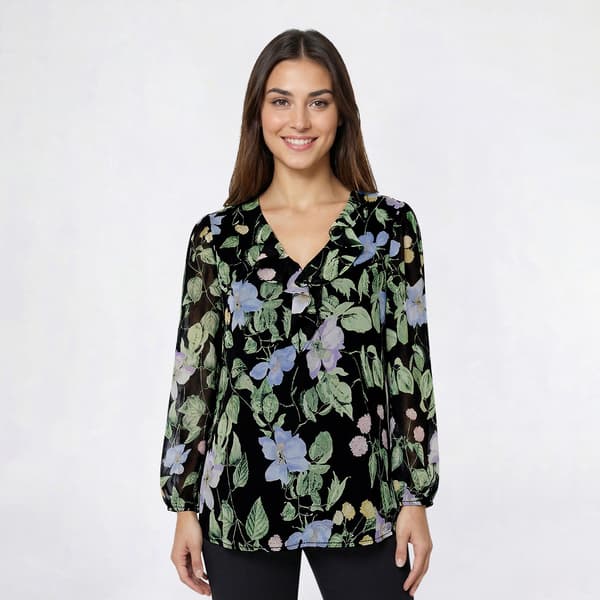 Womens Kasper Long Sleeve Ruffle V Neck Floral Blouse - image 