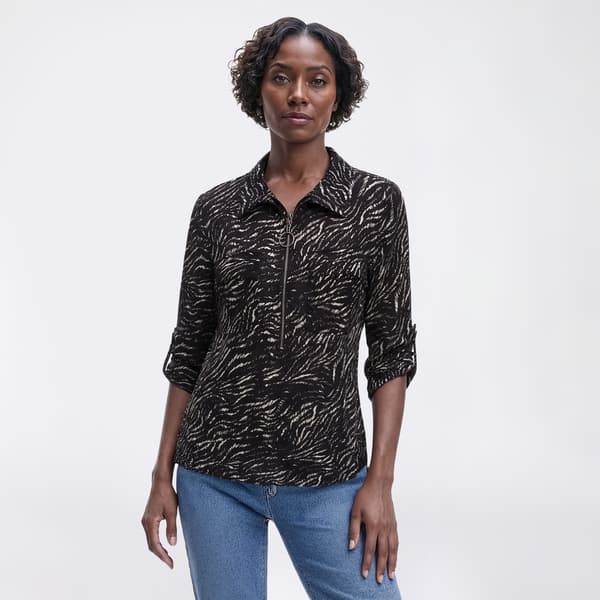 Womens Notations 3/4 Sleeve 2-Pocket Zip Abstract Jacquard Blouse - image 