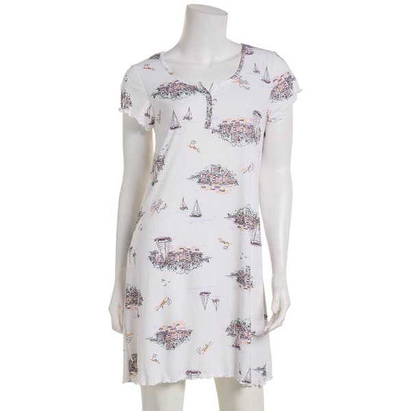 Womens Laura Ashley Short Sleeve Rib Sailboat Nightshirt