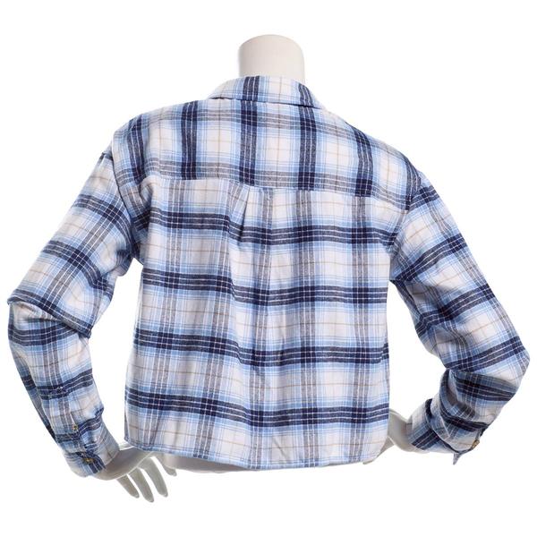 Juniors No Comment Crop Plaid Flannel Top- Blue