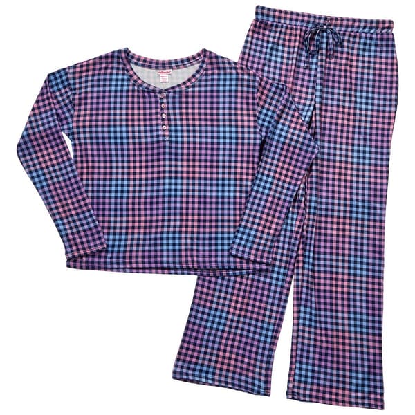 Juniors Dollhouse Long Sleeve Plaid Henley Wide Leg Pajama Set - image 