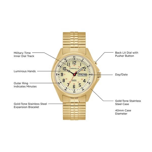 Mens Caravelle Gold-tone Stainless Luminescent Watch - 44C112