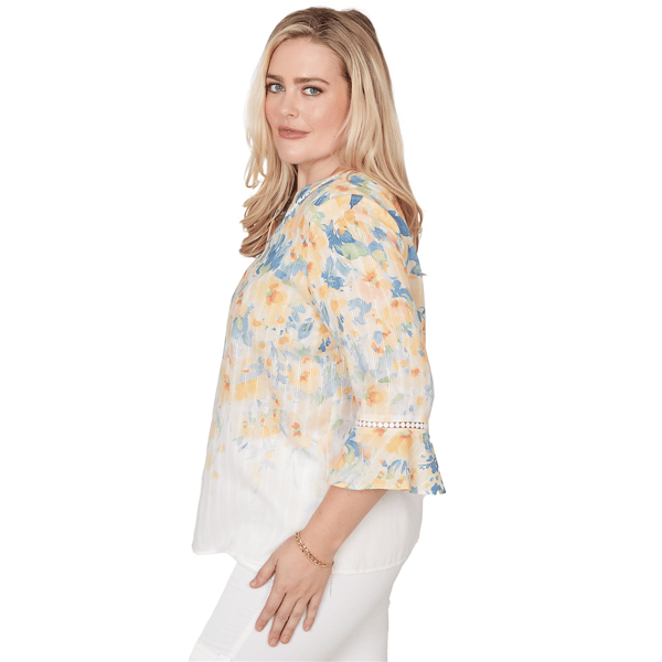 Petite Alfred Dunner Out Of The Blue Flounce Sleeve Floral Blouse