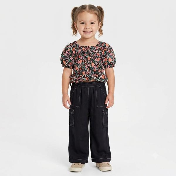 Toddler Girl Lemon Kiss Top w/ Faux Ties & Wide Leg Cargo Set - image 
