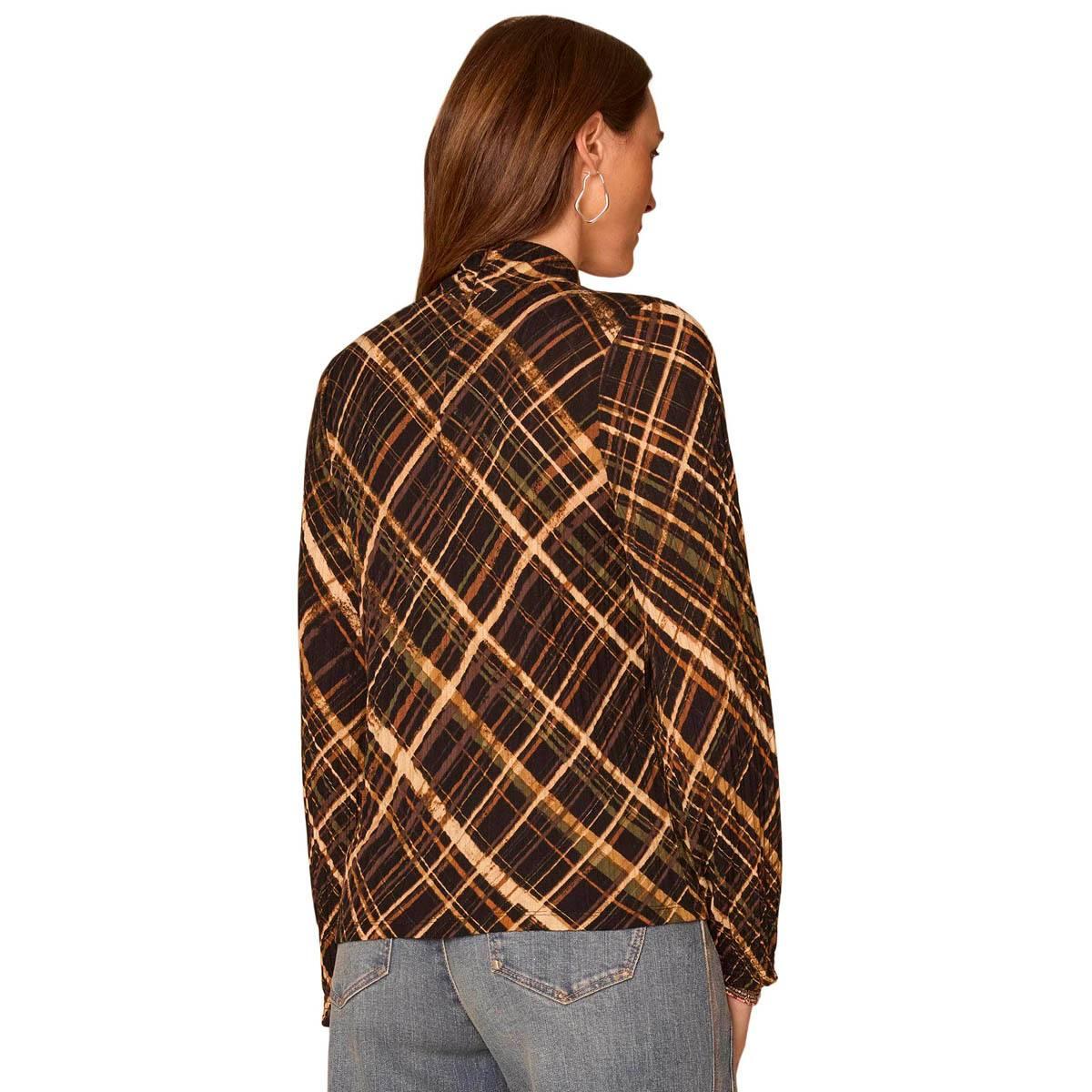 Womens Democracy Long Sleeve Turtleneck Abstract Plaid Blouse