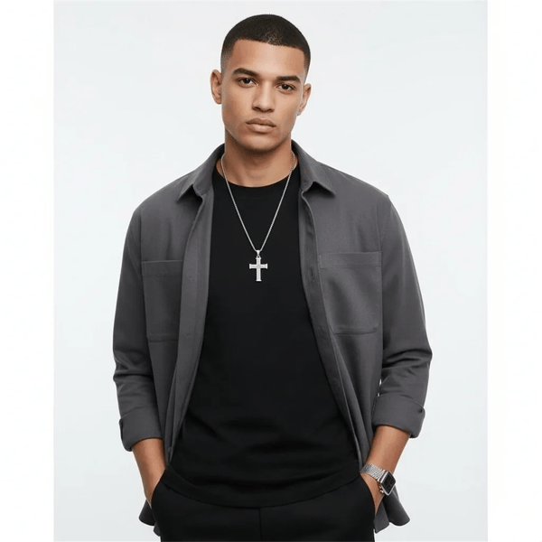 Mens Iron Saints Textured Silver Cross Box Chain Necklace