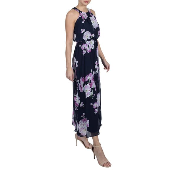 Womens Robbie Bee Sleeveless Puff Flowers Halter Maxi Dress