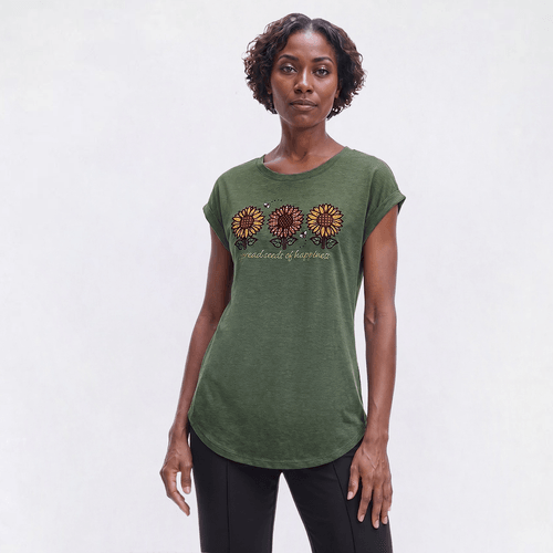 Womens Tru Self Cuffed Dolman Sunflower Applique Marled Hacci Tee - image 