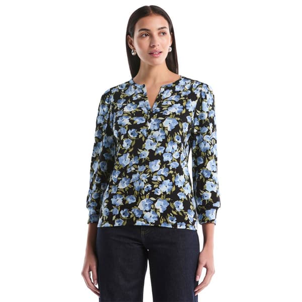 Petite Rafaella(R) 3/4 Sleeve Floral Henley Blouse