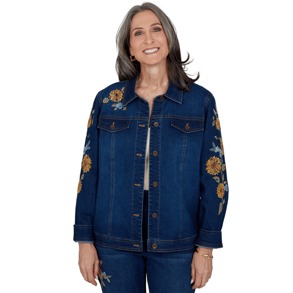 Petite Alfred Dunner Tuscany Sunflower Embroidered Denim Jacket