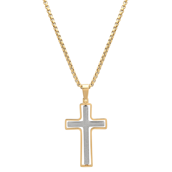 Mens Iron Saints Our Father Prayer Two-Tone Cross Necklace - image 