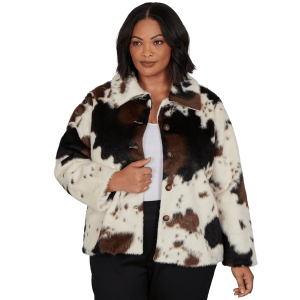 Plus Size Skye''s the Limit Wild Romance Cow Print Faux Fur Jacket