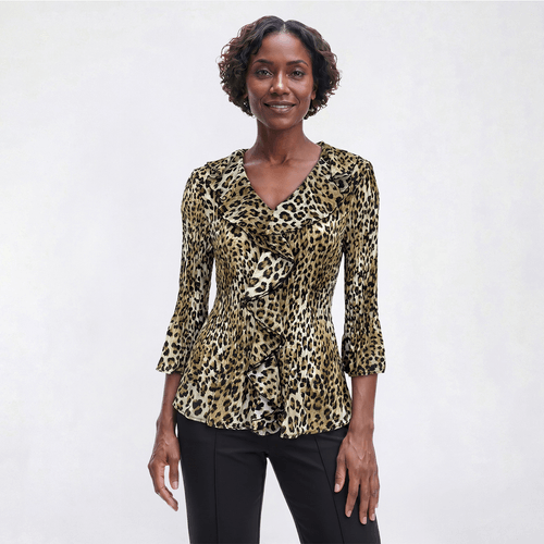 Womens Floral & Ivy 3/4 Ruffle Neck Leopard Pleater Blouse - image 