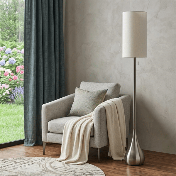 HomeRoots 68in. Silver Floor Lamp with White Fabric Drum Shade