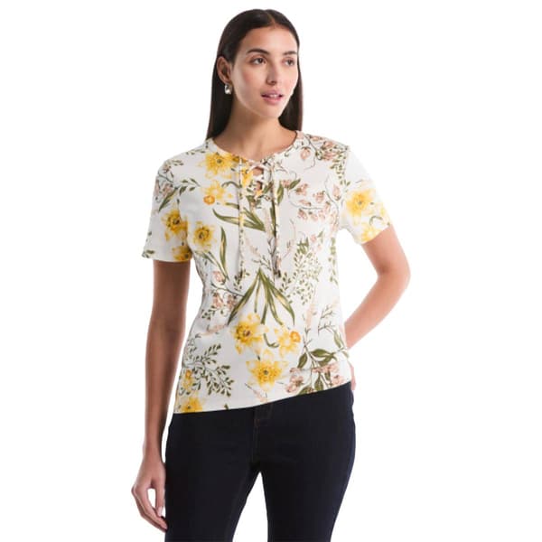 Petite Rafaella(R) Short Sleeve Garden Floral Lace Up Blouse - image 