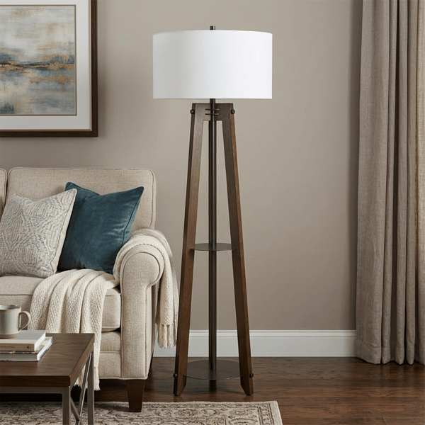 HomeRoots 65in. Brown Tripod Floor Lamp with White Shade