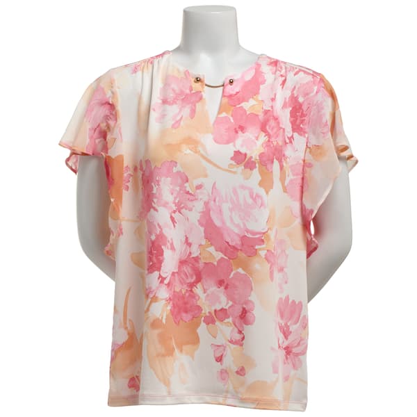 Womens Sara Michele Flutter Cap Sleeve Floral Keyhole Blouse - image 