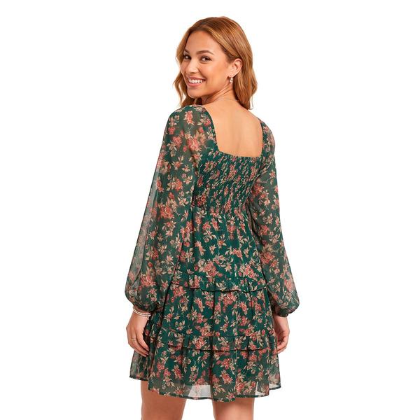 Juniors Jolt Long Sleeve Floral Chiffon Skater Babydoll Dress