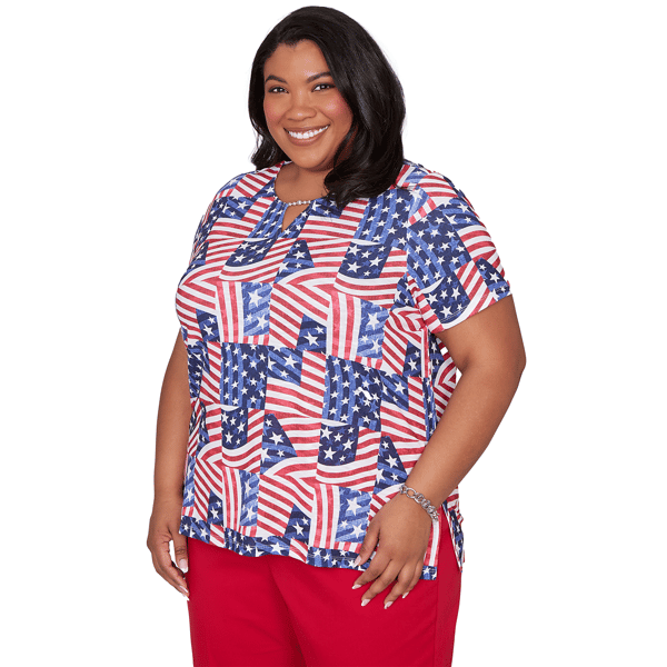 Plus Size Alfred Dunner Lady Liberty American Flag Keyhole Blouse