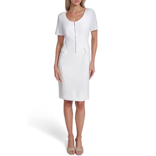Womens Calvin Klein Short Sleeve U Neck 1/2 Zip Crepe Dress