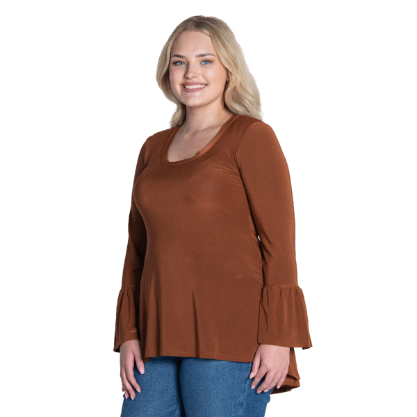 Plus Size 24/7 Comfort Apparel Long Bell Sleeve Hi Low Tunic Top
