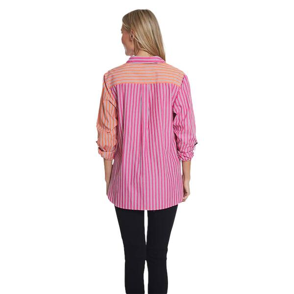 Womens Multiples Color Block Stripe Casual Button Down