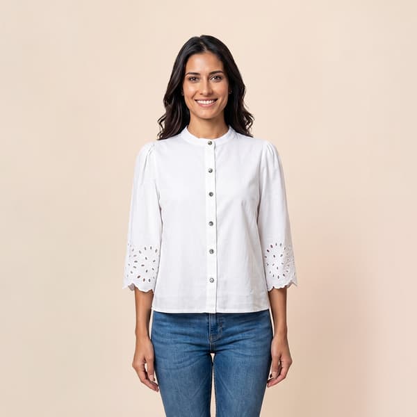 Womens Nicole Miller 3/4 Eyelet Sleeve Button Front Blouse - image 