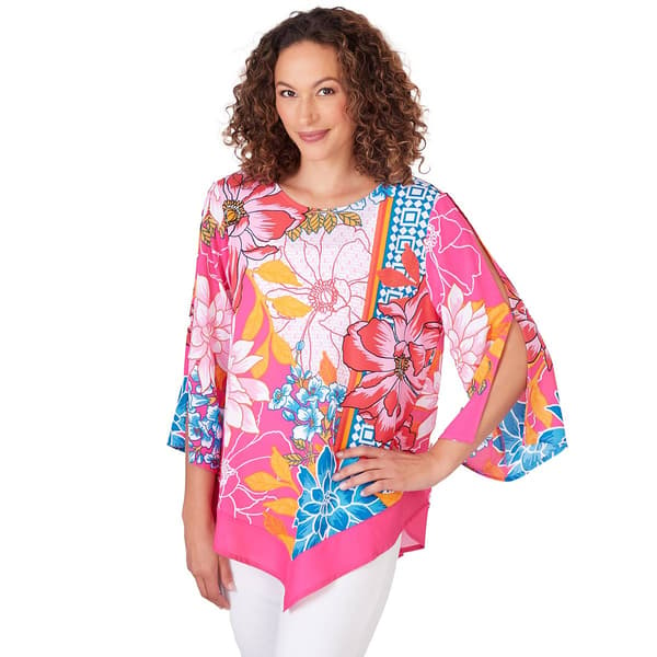 Petite Ruby Rd. Bright Blooms 3/4 Sleeve Floral Geo Print Top