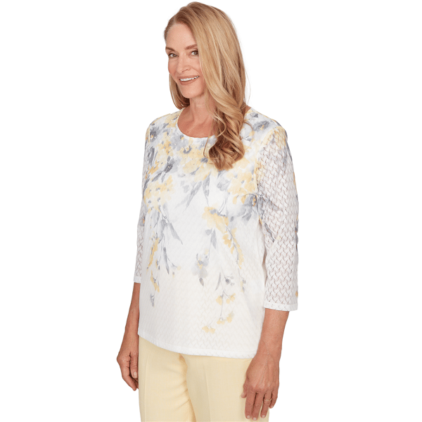 Petite Alfred Dunner Al Fresco 3/4 Sleeve Texture Floral Blouse